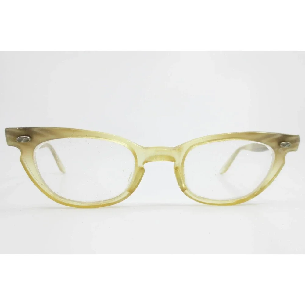 Vintage Bausch & Lomb Cat Eye Eyeglasses Brown Tan Horn Rim 4-5 1/4 36129